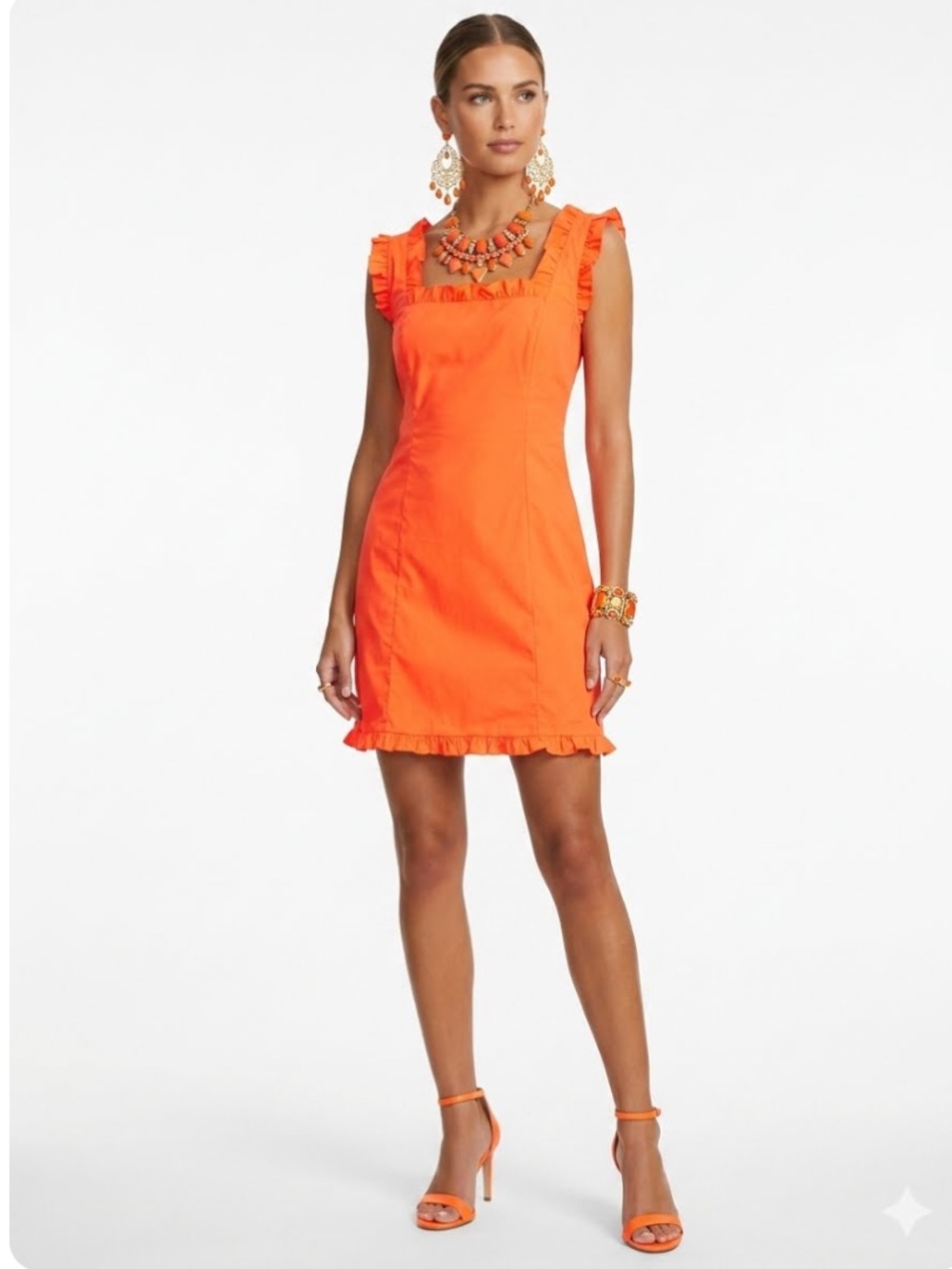 New J. Crew Stretch Cotton Poplin Ruffle Trim Smocked Mini Dress Size 6 Orange